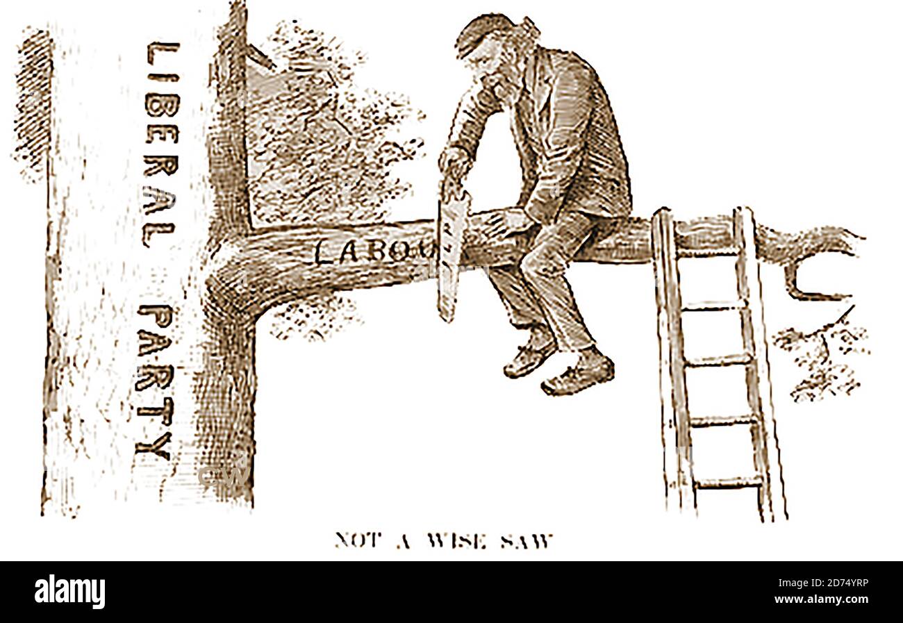 An old British political cartoon showing Kier Hardie sawing down a branch of a tree he is sitting on illustrating the fact that Kier Hardie wanted labour completely separated from  the Liberal Party. ---- James Keir Hardie ( 1856 –  1915)  who was Hardie was born in Newhouse, Lanarkshire, Scotland ,initially supported William Gladstone's Liberal Party, but later concluded that the working class needed its own party and founded of British Labour Party. Stock Photo