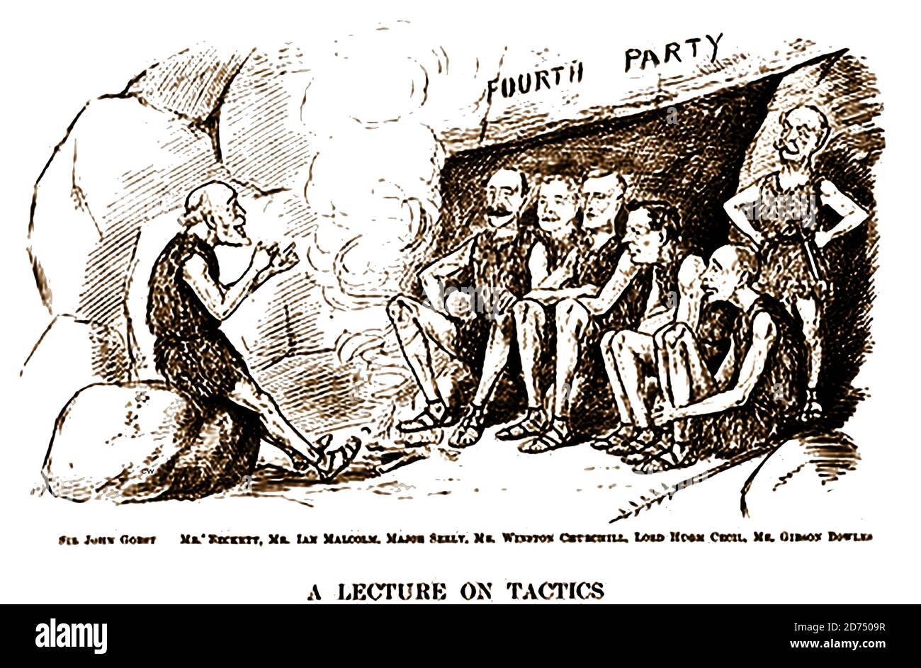 An unexplained British political cartoon from the 1930's. It probably poses the question as to whether Britain should form a progressive and reforming Fourth party as in the USA where the term was used in political science and in American political history from around 1896 to 1932 , mainly being  dominated by the Republican Party. Names of the politicians in the cartoon are difficult to read but include:  Sir Ian Zachary Malcolm,  Major John Edward Bernard Seely,Winston Churchill, Lord Hugh Cecil and  Thomas Gibson Bowles Stock Photo