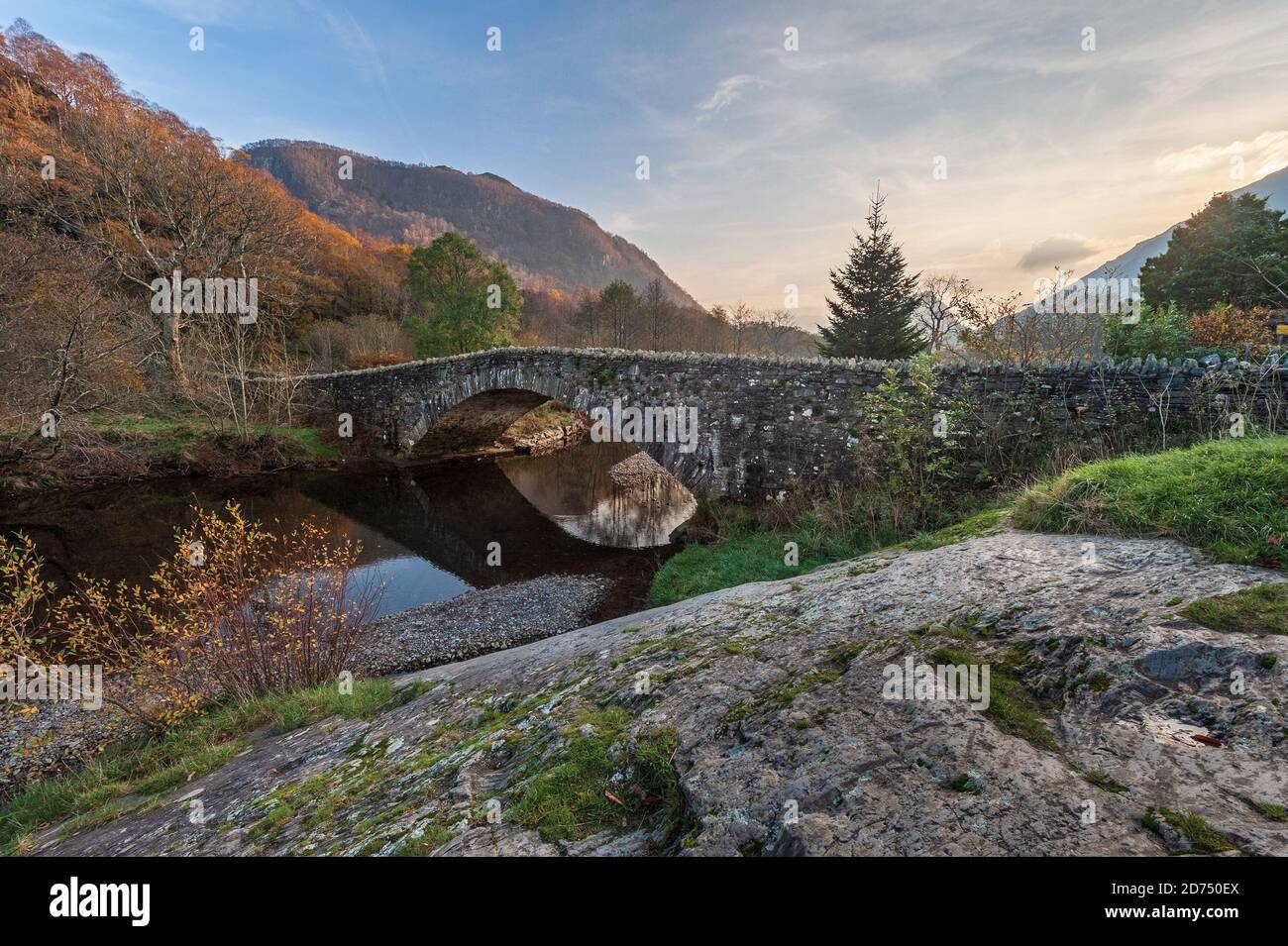 Grange Bridge over the River Derwent in the village of Grange in the Borrowdale area of the Lake District in Cumbria North West England Stock Photo
