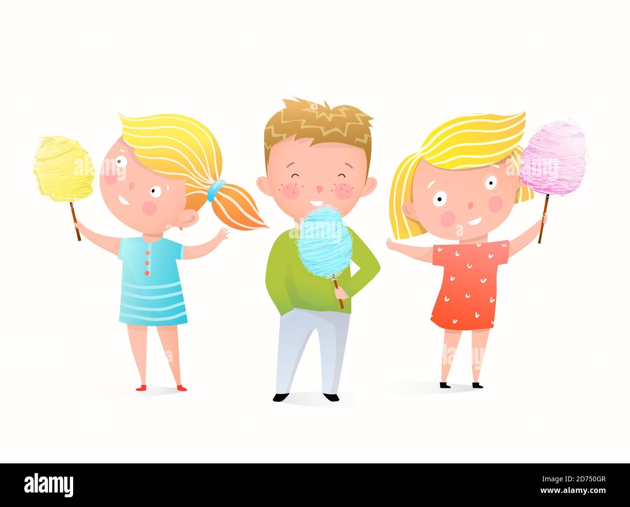 Cute little girls and a boy eating cotton candy, sweet street food banner design . Adorable children friends watercolor style vector. Stock Vector