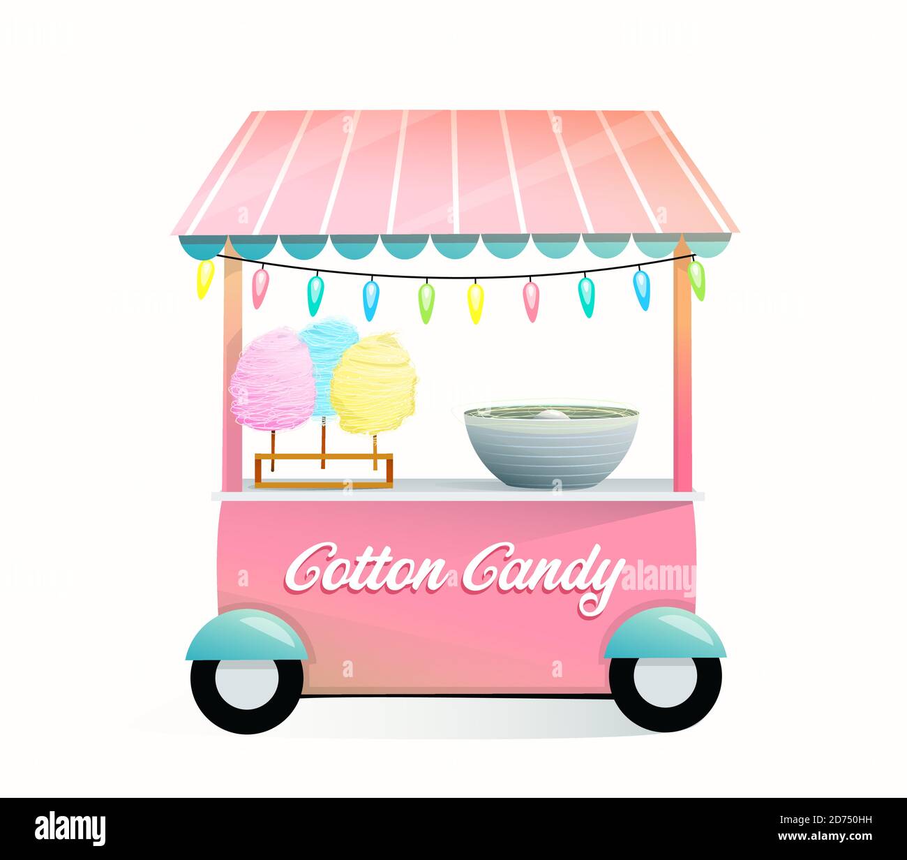 Street market stand with cotton candy, trade stall with sweet food for