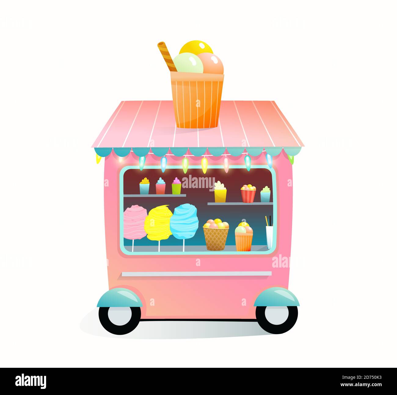 Street market vendor kiosk with cotton candy, ice cream, and desserts. Street fair or carnival vendor from the truck, selling sweets for children. Stock Vector