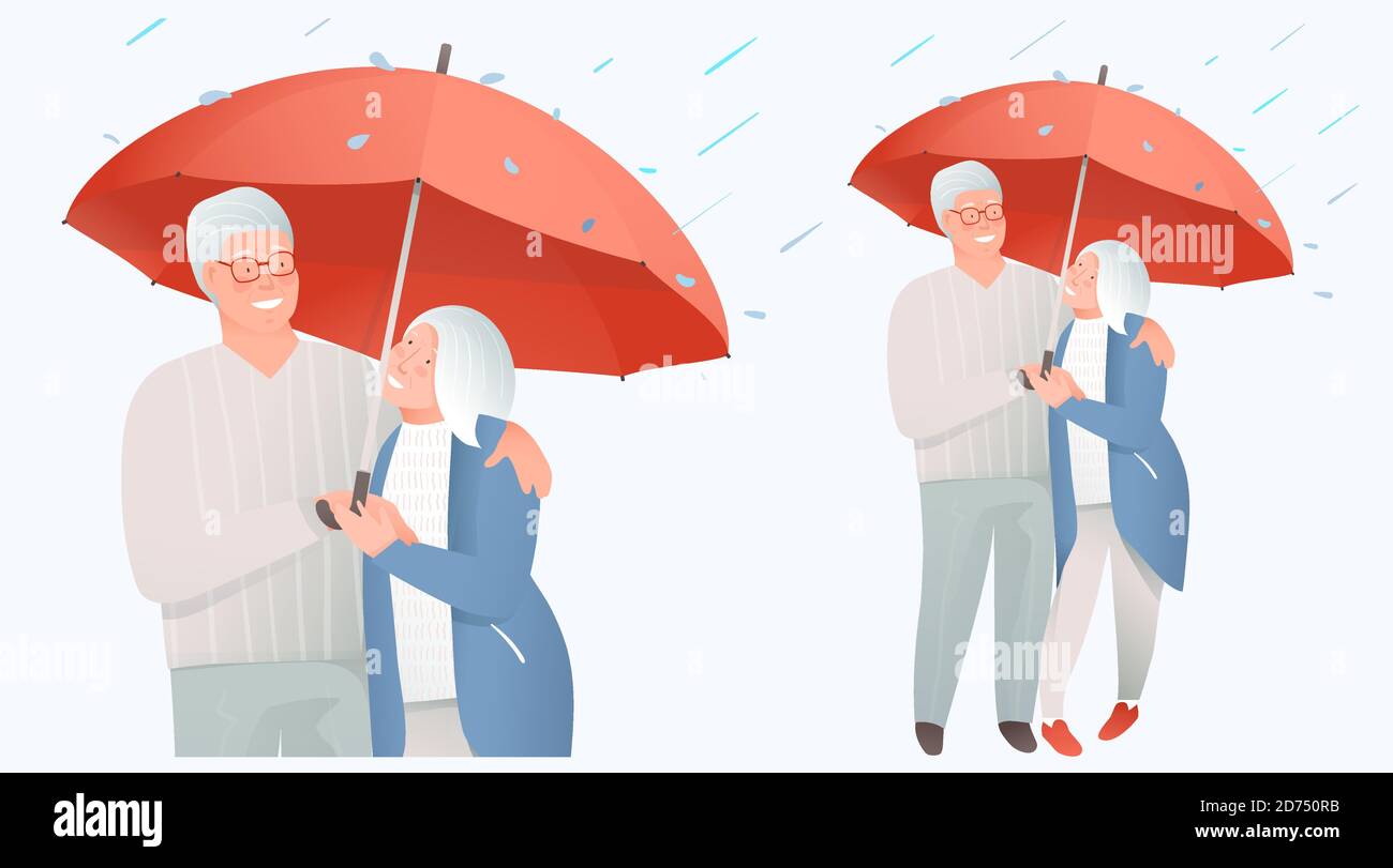 Senior family protection concept. Elderly couple holding umbrella, hiding from rain. Stock Vector