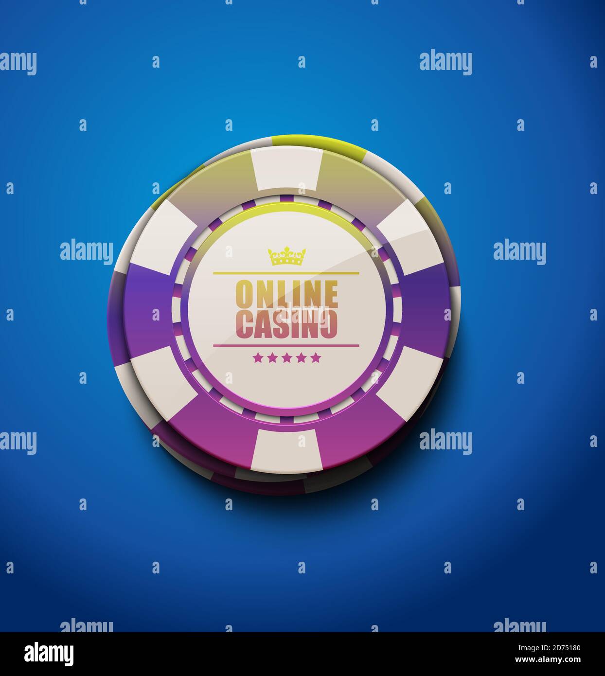 Vector rainbow color glossy casino poker chips, top view. Blue background. Online casino, blackjack poster. Stock Vector