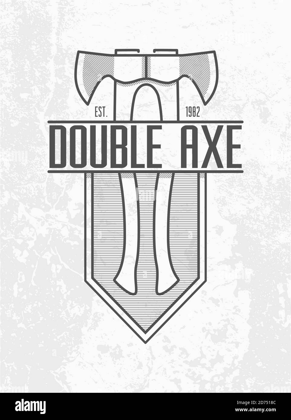 Monochrome Double ax logo on grey wall background. Two axes with a wooden handle on lined shield emblem design. Carpentry tool insignia. Stock Vector
