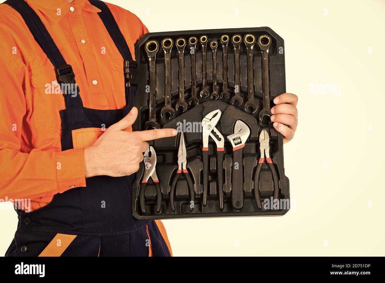 Really good tools. Toolbox talk. Mechanic Tool Box. Man in uniform