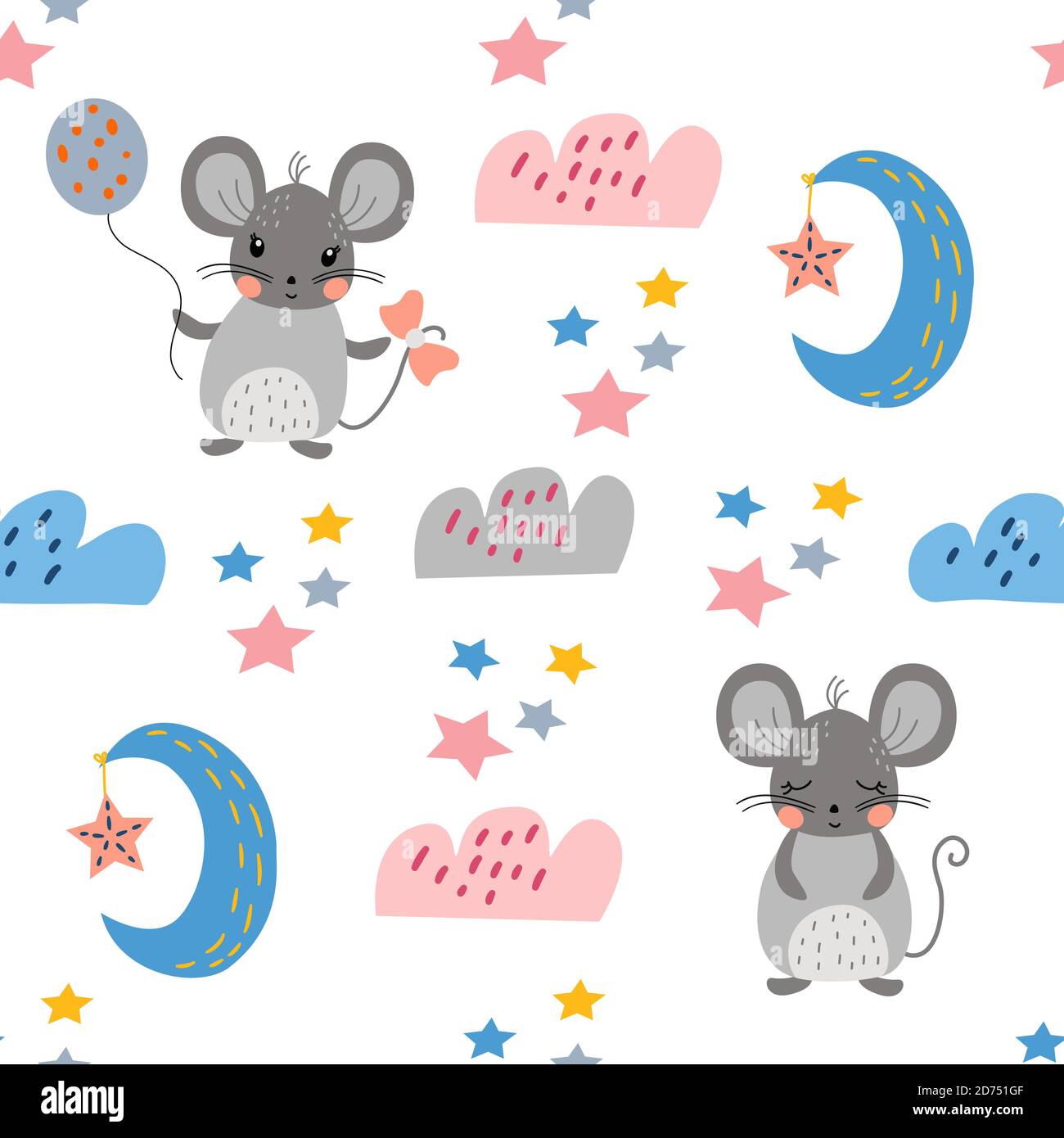 Seamless pattern with cute little mice, moon, clouds, stars on a white background, in vector ...