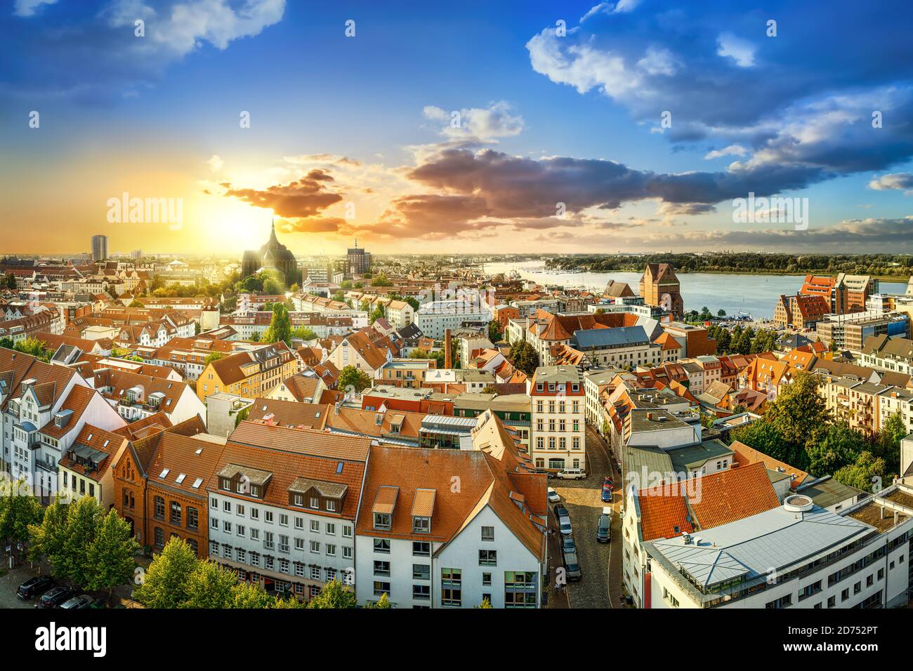 panoramic view at the city center of rostock while sunset, germany Stock Photo