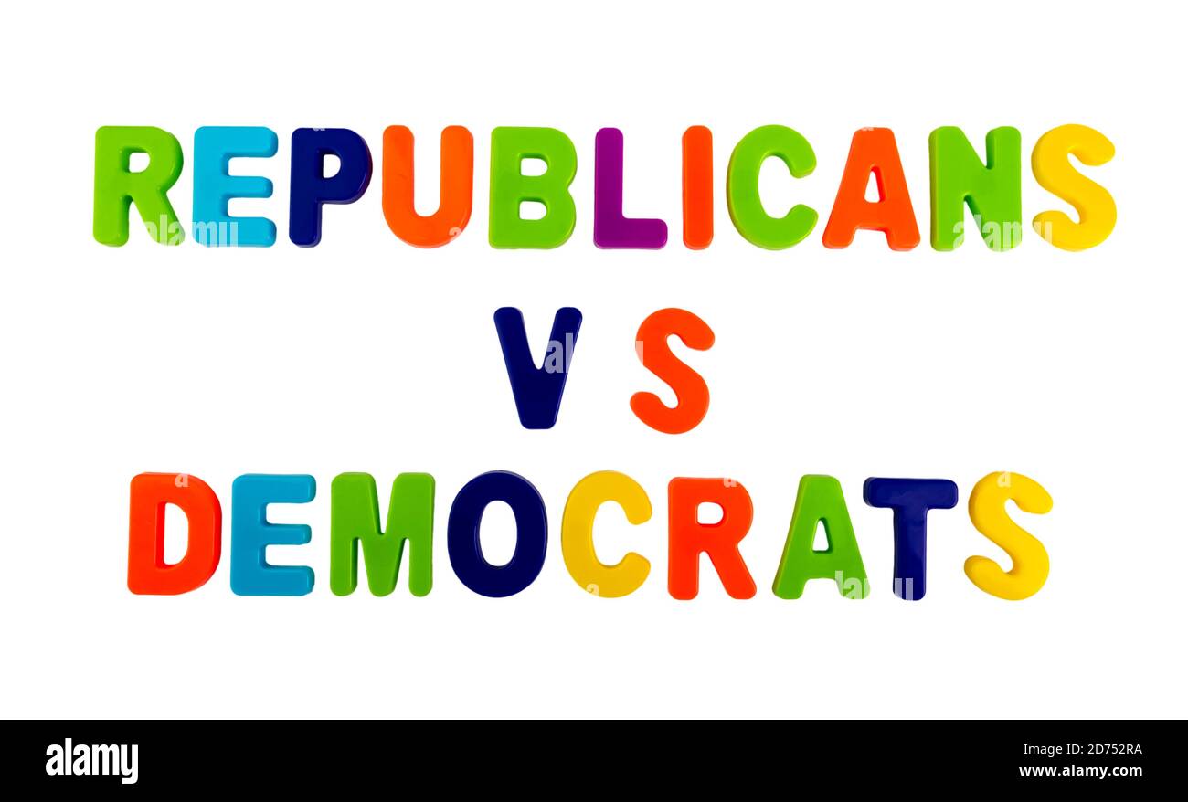 Text REPUBLICANS VS DEMOCRATS written in plastic letters on a white background. Concept for the electoral campaign. Stock Photo