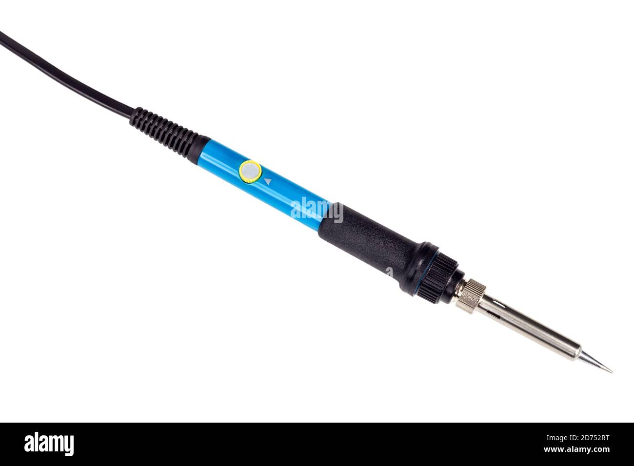 Electric soldering iron with the blue handle isolated on a white background. Stock Photo