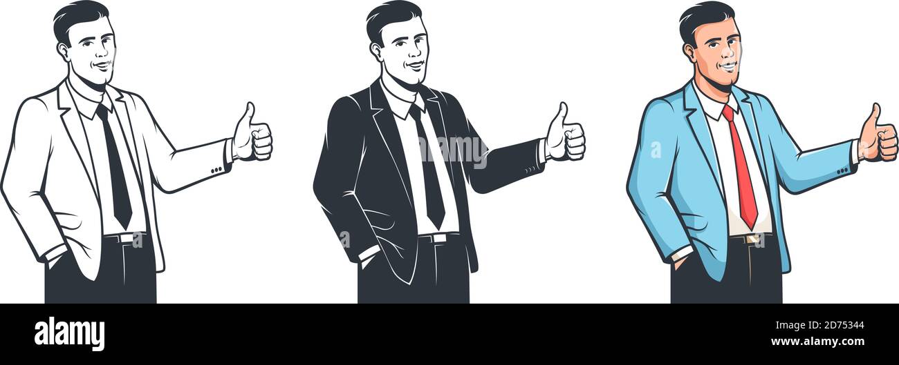 Man in suit thumb up for concept design. Like sign - hand gesture. Stock Vector