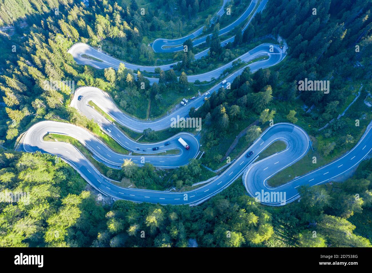 Curves of Majola mountain pass, drone shot, Switzerland Stock Photo