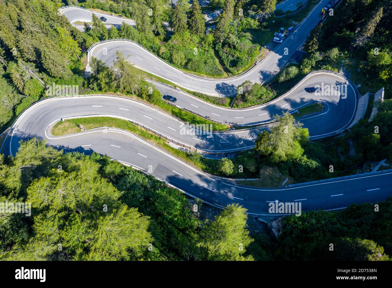 Curves of Majola mountain pass, drone shot, Switzerland Stock Photo