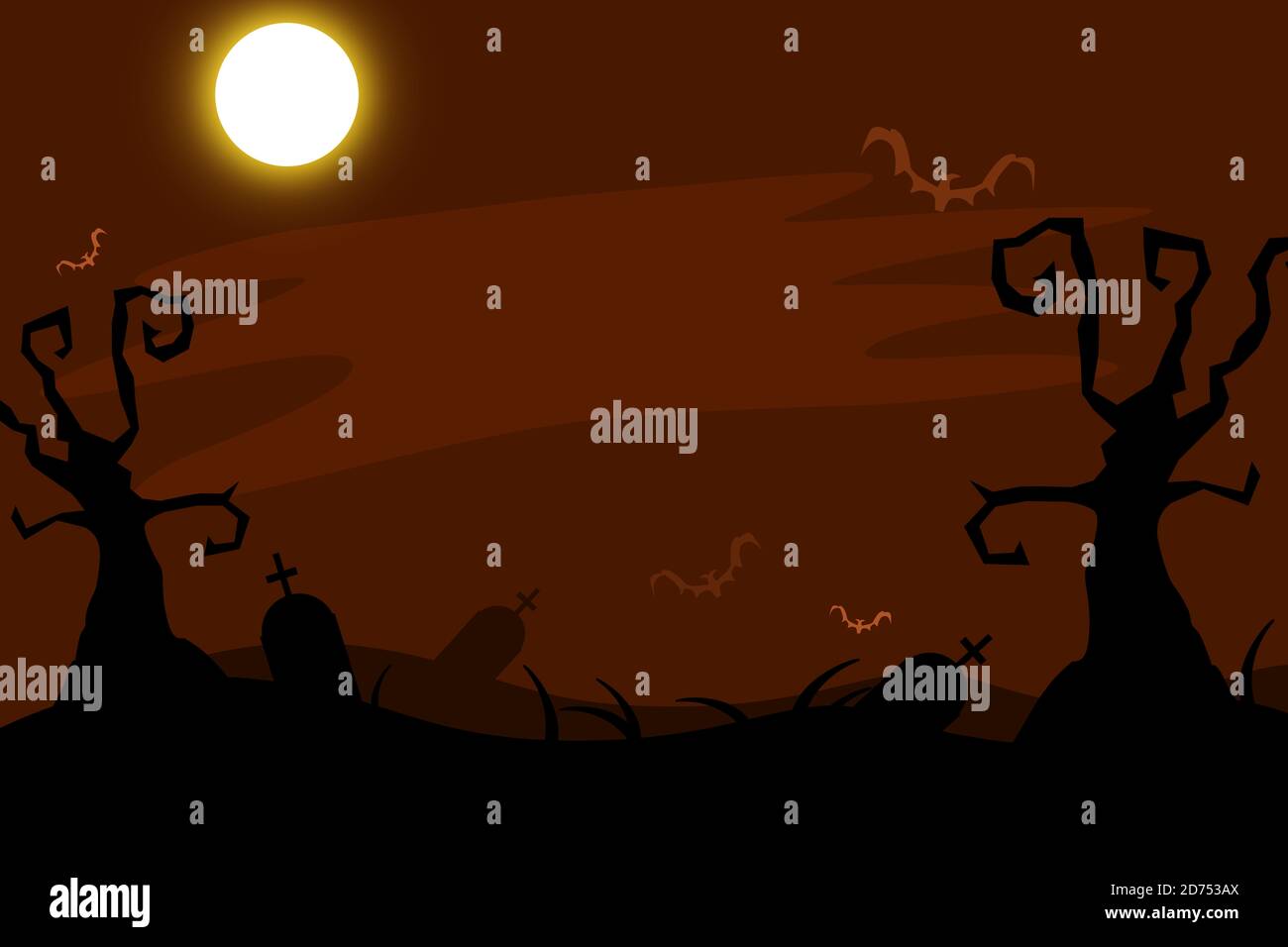 Halloween night background with the full moon, trees, and spooky bats ...