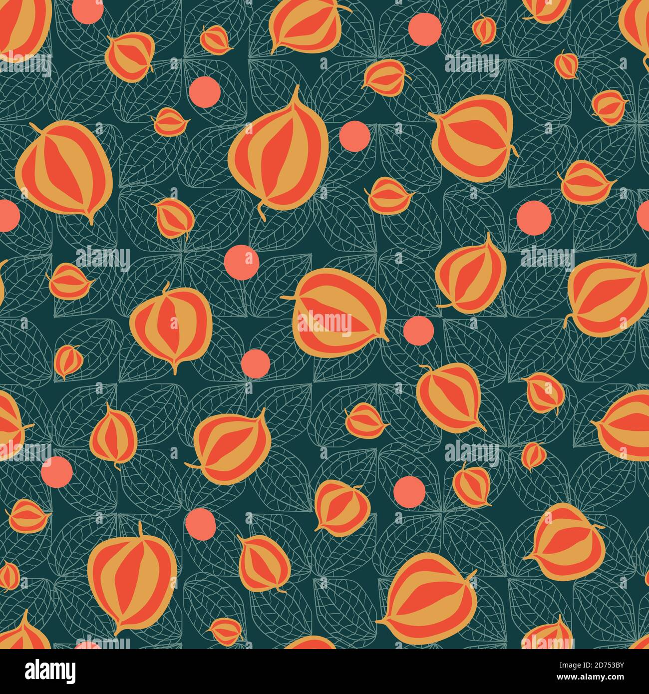 orange physalis seamless vector pattern on a teal background Stock Vector