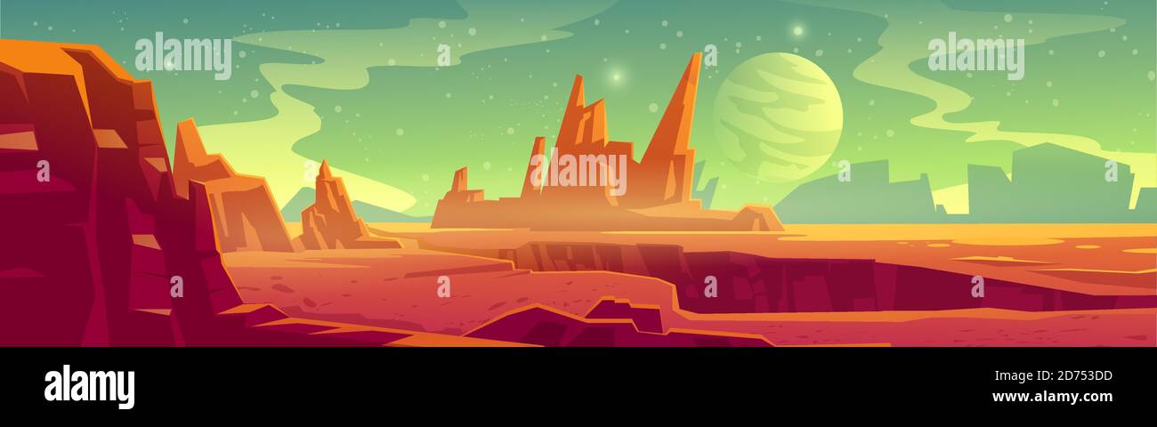 Alien planet landscape for space game background. Vector cartoon fantasy illustration of cosmos and Mars surface with red desert and rocks, satellite and stars in sky Stock Vector Image & Art - Alien planet landscape for space game background. Vector cartoon fantasy illustration of cosmos and Mars surface with red desert and rocks, satellite and stars in sky Stock Vector Image & Art -