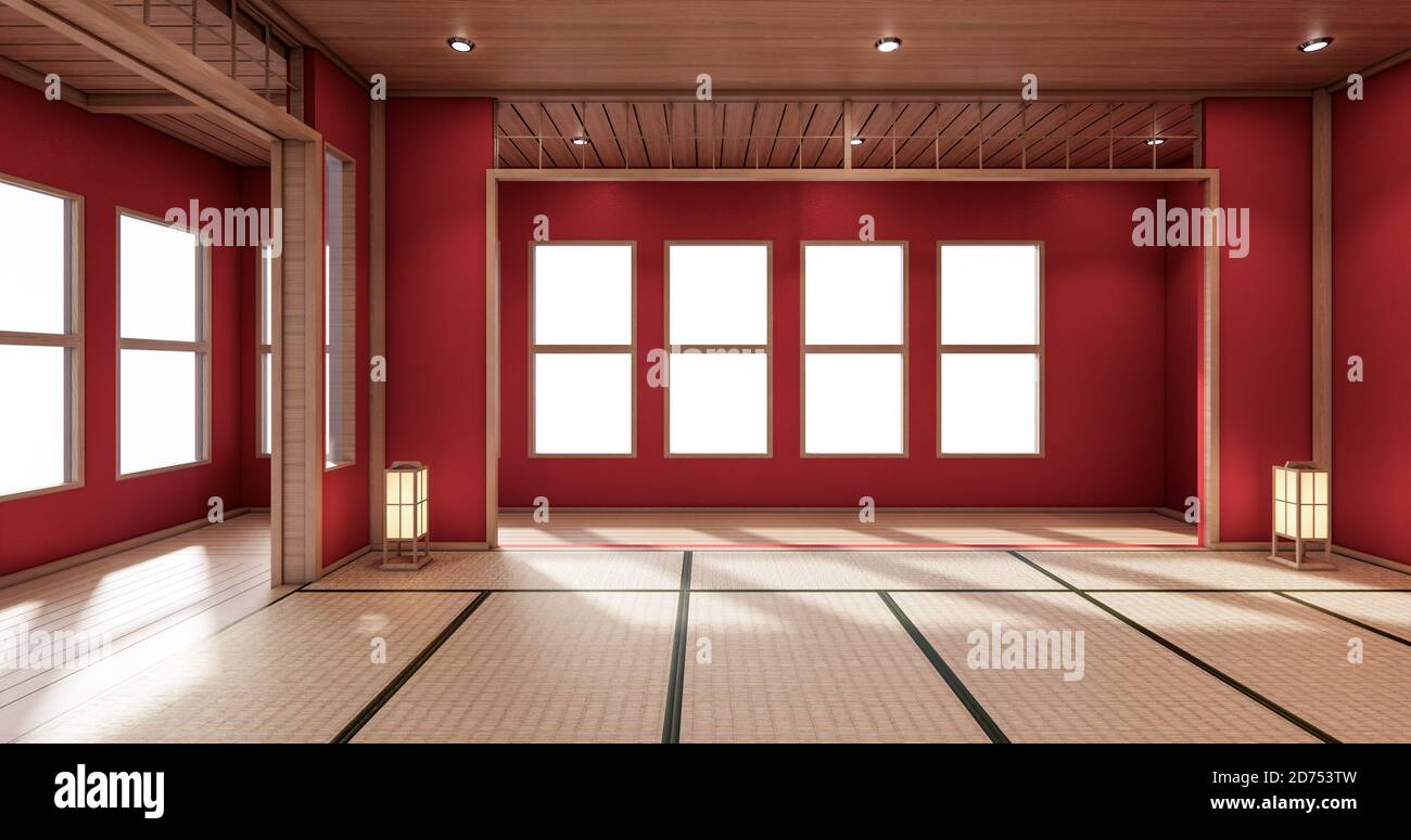 The interior color Red room inteior with tatami mat floor.3D rendering ...