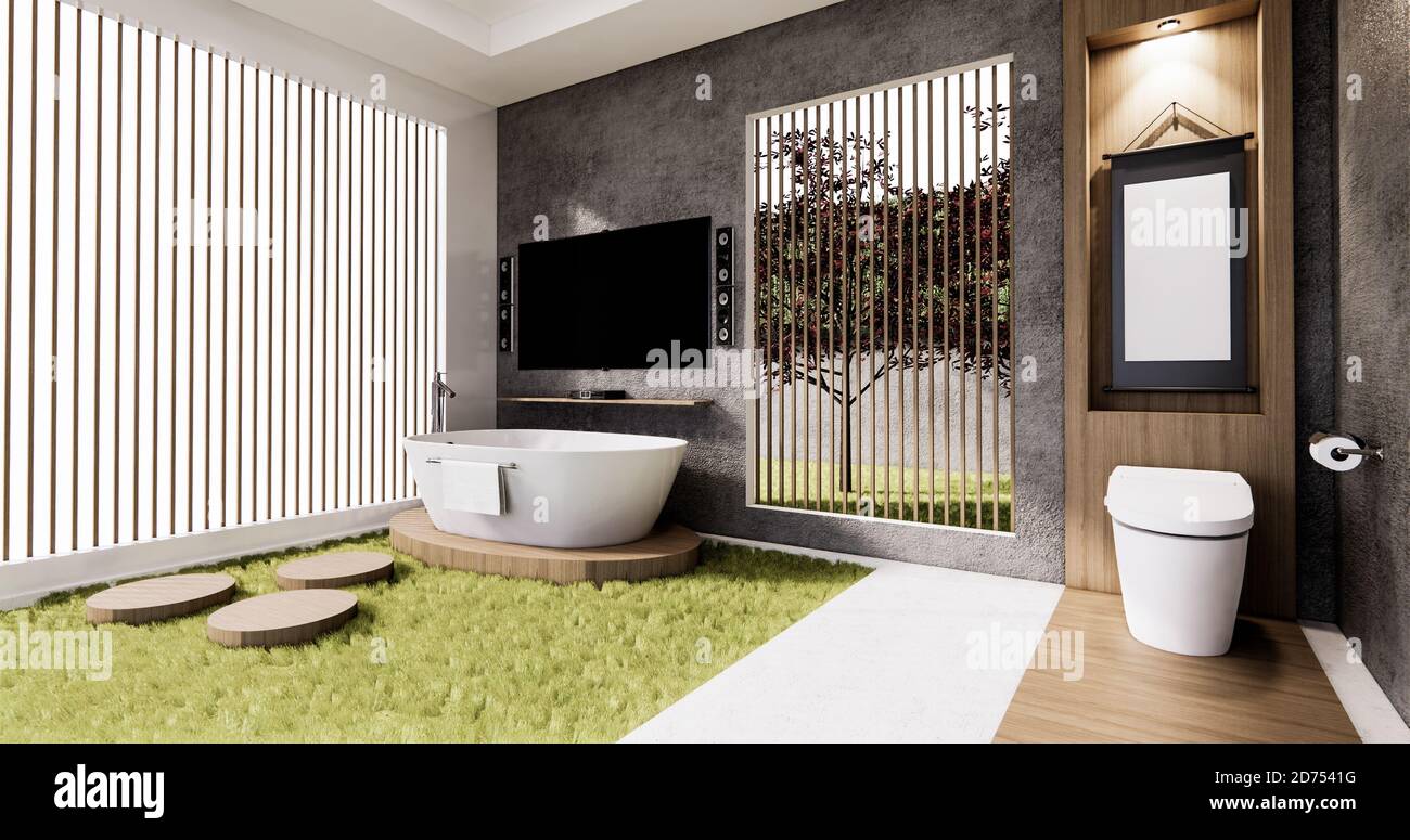 Bath and toilet on bathroom zen style with smart tv on wall design.3D  rendering Stock Photo - Alamy, image size:1300x775