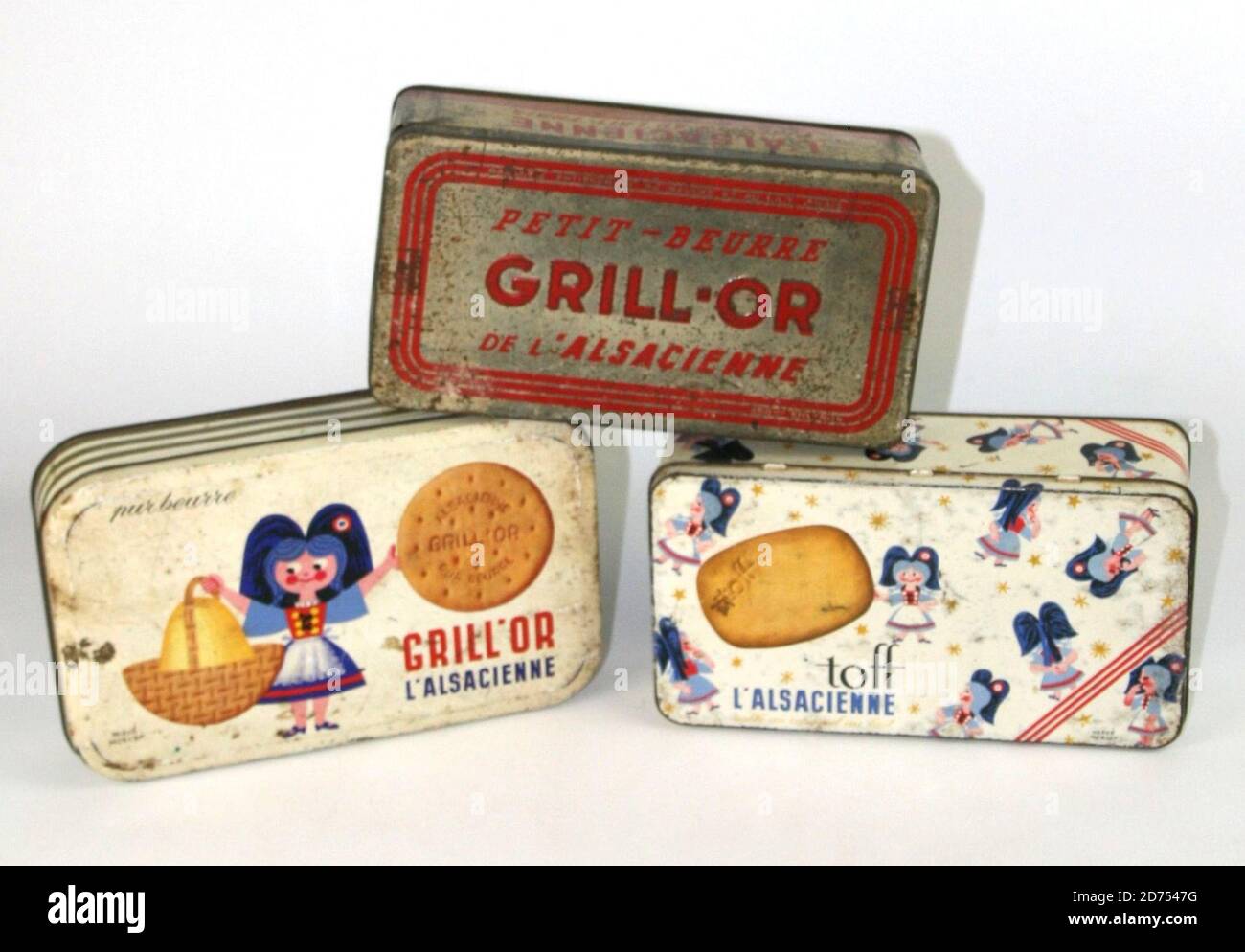 Boites de gateaux biscuits l Alsacienne annees 50/60 avec illustration Herve Morvan Stock Photo