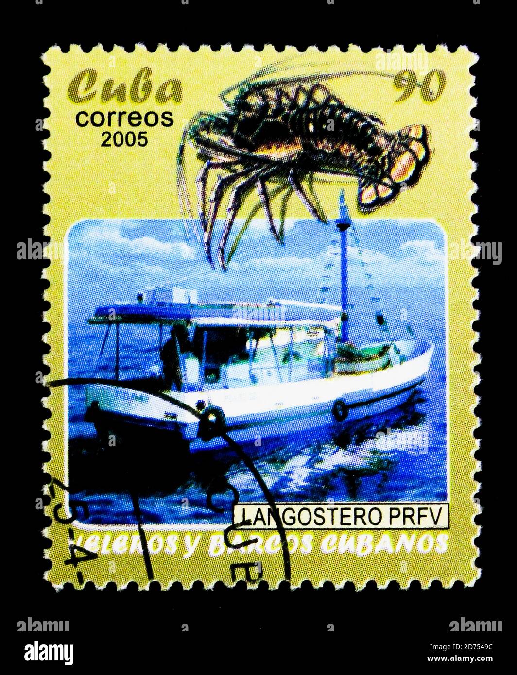 MOSCOW, RUSSIA - NOVEMBER 25, 2017: A stamp printed in Cuba shows Lobster boat, Cuban Boats and Sailboats serie, circa 2005 Stock Photo