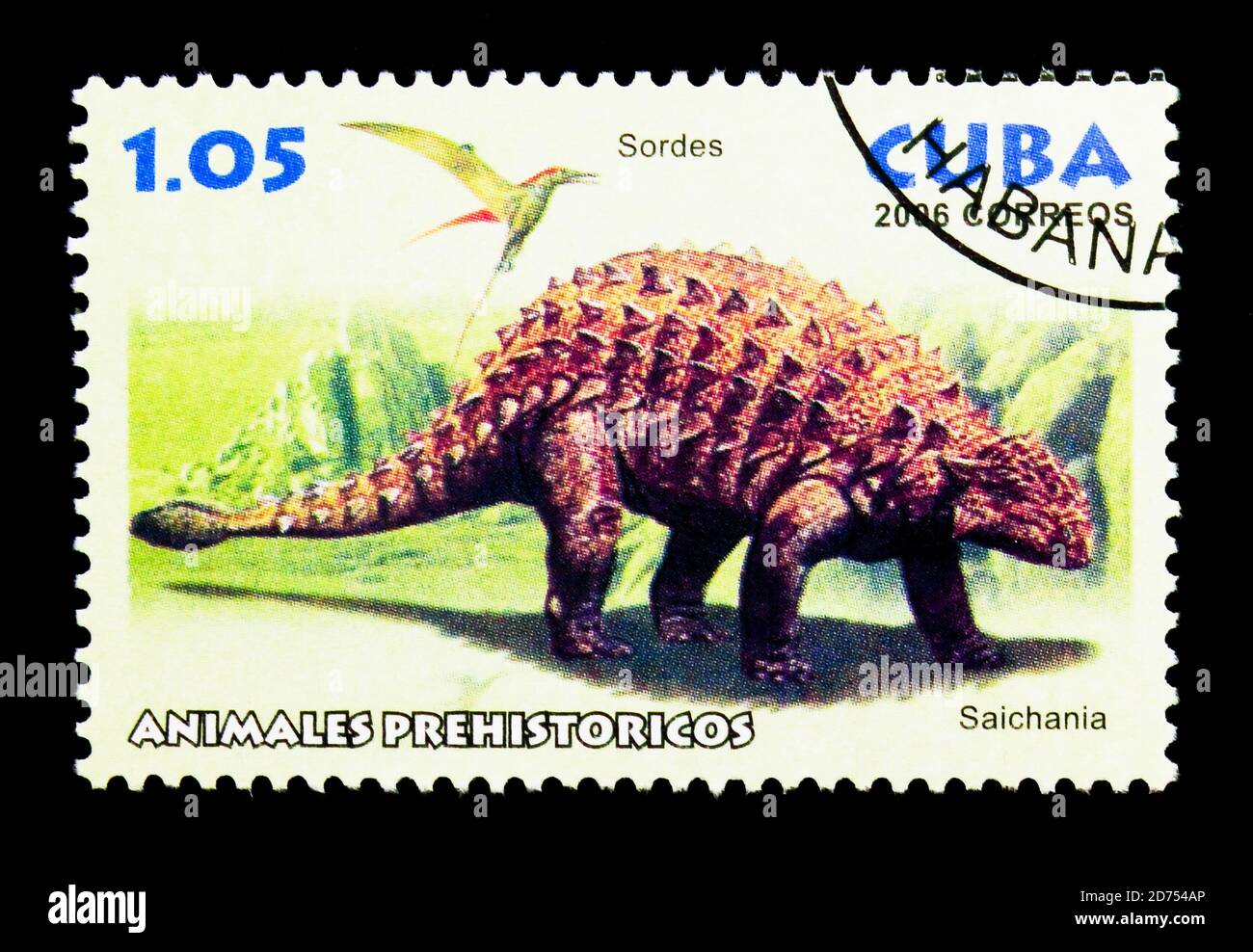 MOSCOW, RUSSIA - NOVEMBER 25, 2017: A stamp printed in Cuba shows Saichania, Sordes, Dinosaurs serie, circa 2006 Stock Photo