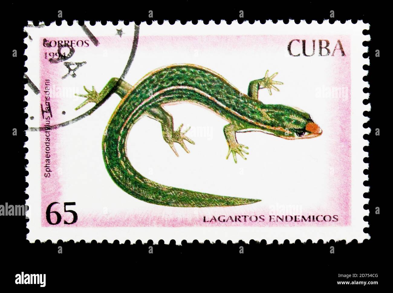 MOSCOW, RUSSIA - NOVEMBER 25, 2017: A stamp printed in Cuba shows Ramsden's Least Gecko (Sphaerodactylus ramsdeni), Reptiles serie, circa 1994 Stock Photo