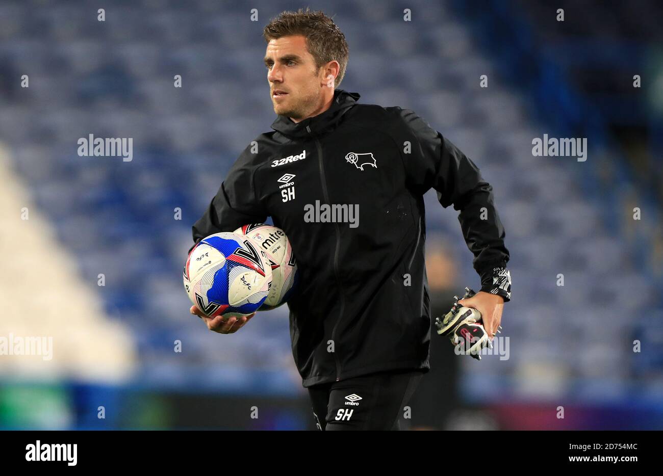 Derby County head of fitness Steve Haines during the warm up before the Sky Bet Championship match at The John Smith's Stadium, Huddersfield. Stock Photo