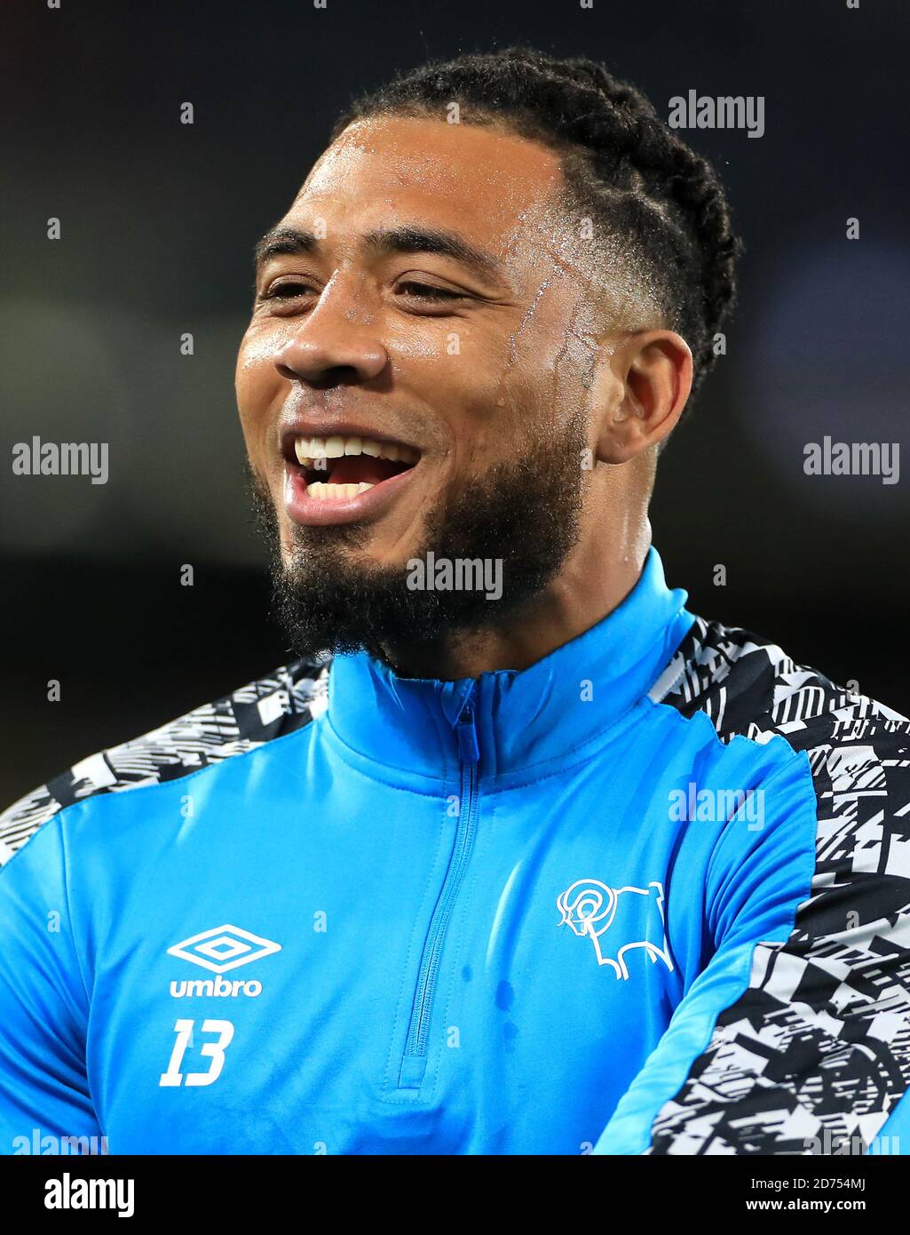Derby County's Colin Kazim-Richards warming up before the Sky Bet Championship match at The John Smith's Stadium, Huddersfield. Stock Photo