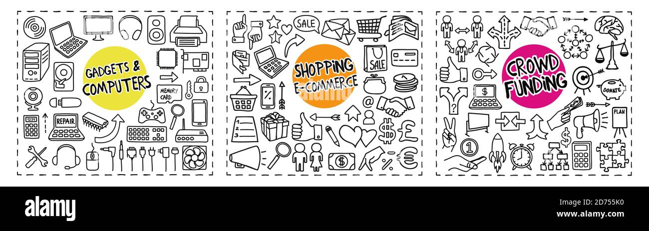 Gadgets and Computers, Shopping and Crowd Funding doodle icons set Stock Vector
