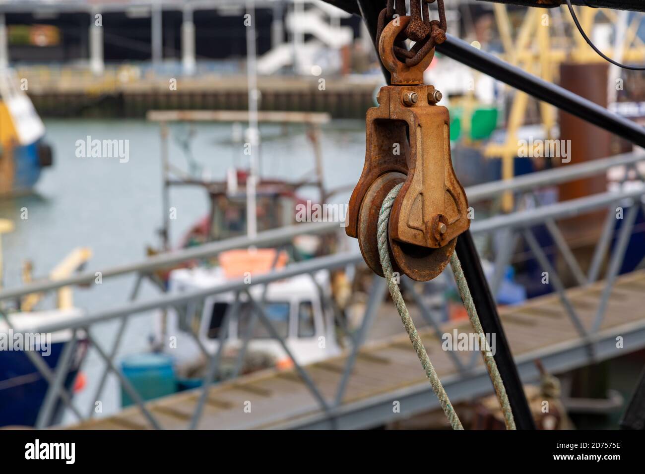 A rusty block and tackle on a fishing boat Stock Photo
