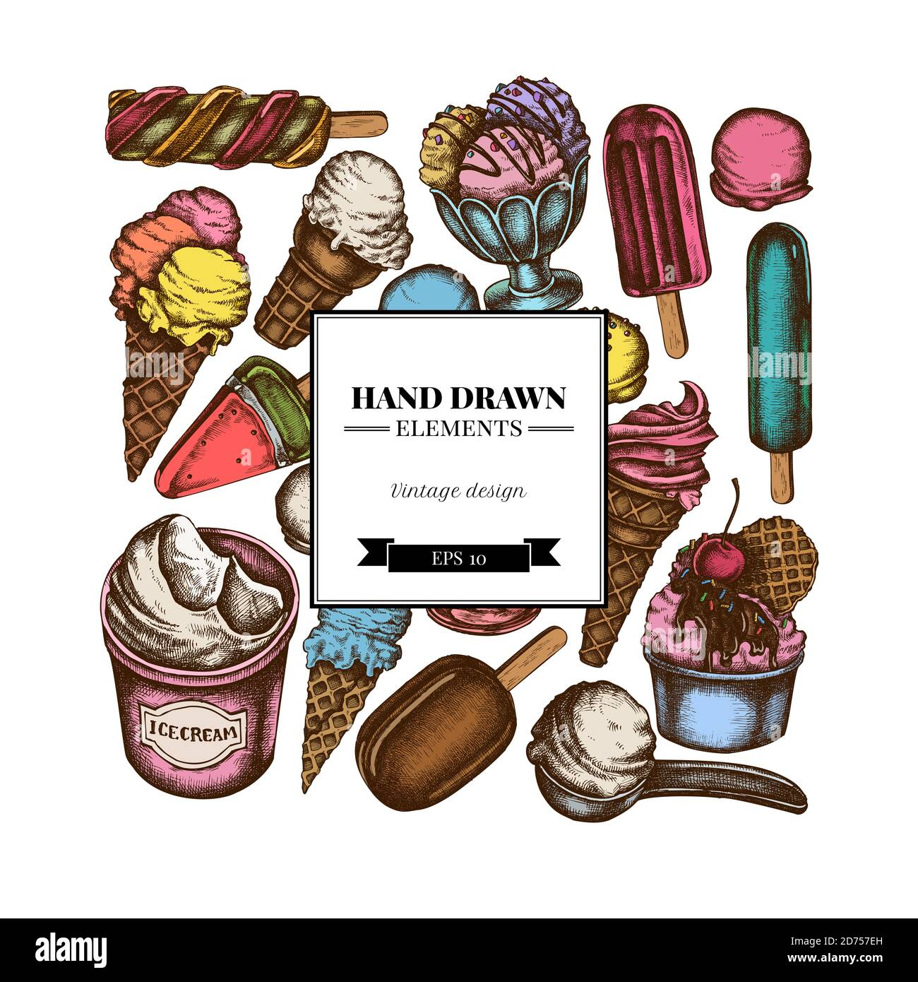 Square design with colored ice cream bowls, ice cream bucket, popsicle