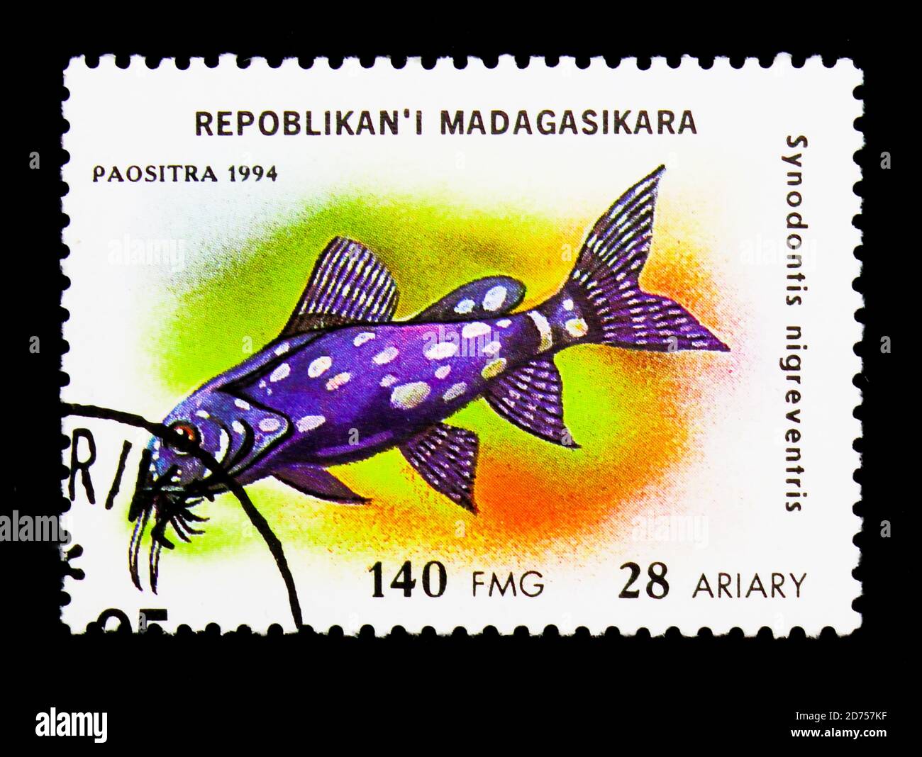 MOSCOW, RUSSIA - NOVEMBER 25, 2017: A stamp printed in Madagascar shows Upside-down Catfish (Synodontis nigriventris), Aquarium fish serie, circa 1994 Stock Photo
