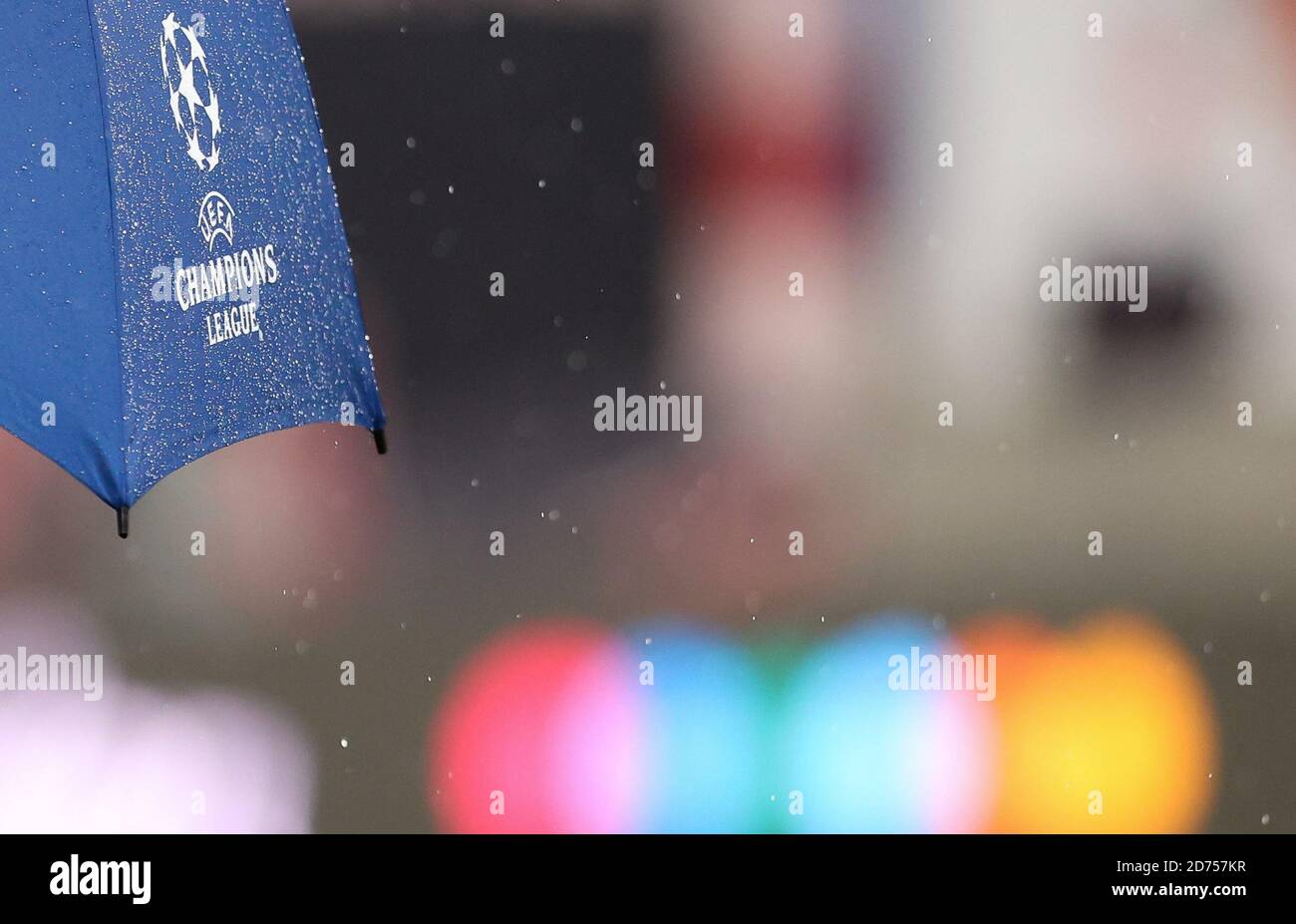 Leipzig Germany th Oct Football Champions League Group Stage Rb Leipzig Istanbul Basaksehir In The Red Bull Arena A Uefa Employee Stands Under An Umbrella With The Champions League Logo Leipzig Germany th Oct Football Champions League Group Stage Rb Leipzig Istanbul Basaksehir In The Red Bull Arena A Uefa Employee Stands Under An Umbrella With The Champions League Logo