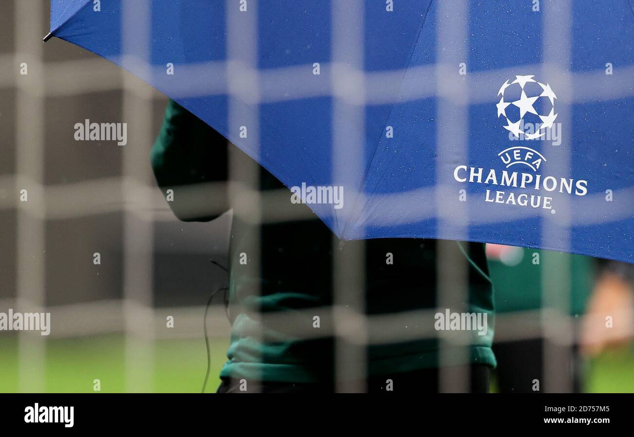 Leipzig Germany th Oct Football Champions League Group Stage Rb Leipzig Istanbul Basaksehir In The Red Bull Arena A Uefa Employee Stands Under An Umbrella With The Champions League Logo Leipzig Germany th Oct Football Champions League Group Stage Rb Leipzig Istanbul Basaksehir In The Red Bull Arena A Uefa Employee Stands Under An Umbrella With The Champions League Logo