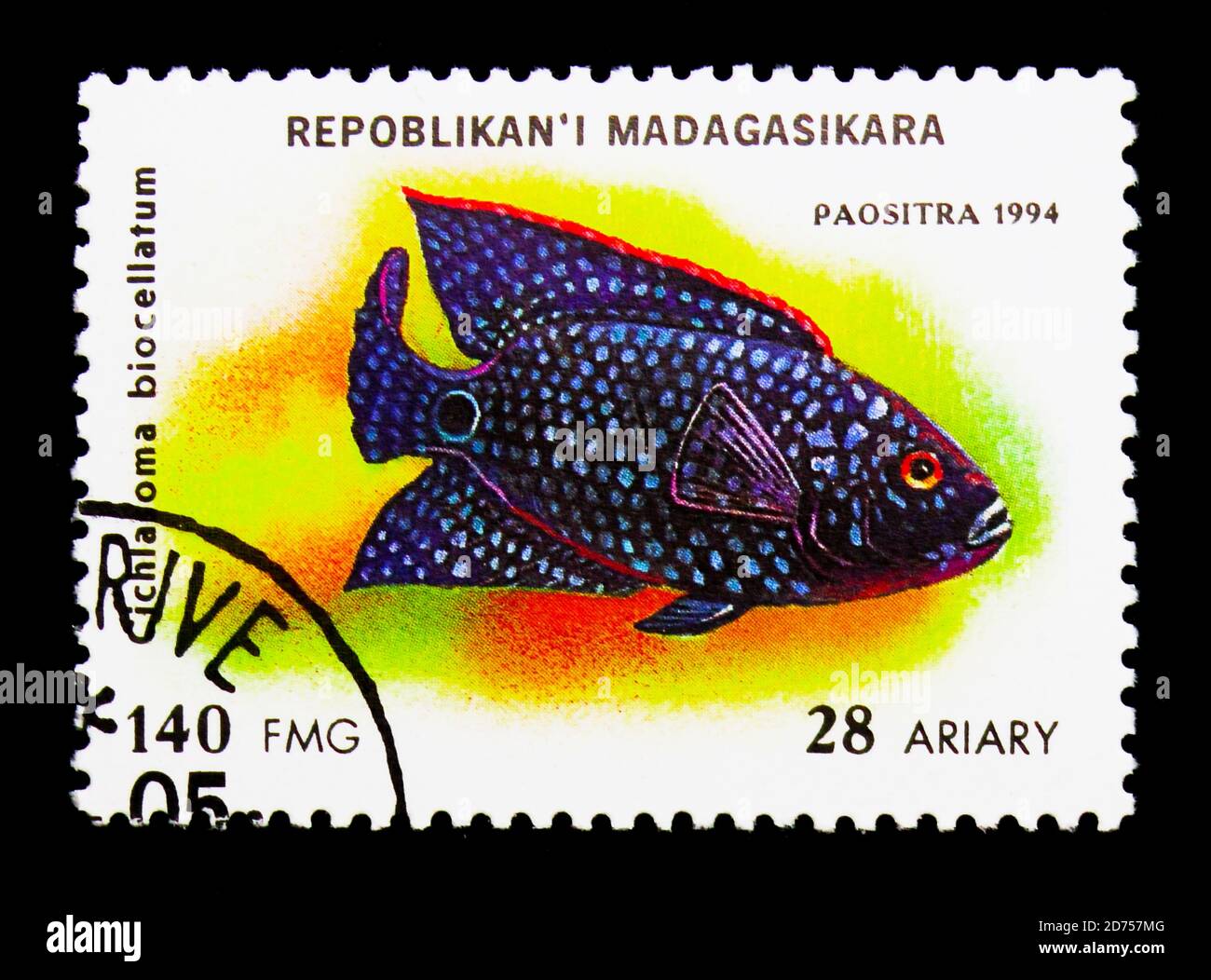 MOSCOW, RUSSIA - NOVEMBER 25, 2017: A stamp printed in Madagascar shows Jack Dempsey Cichlid (Cichlasoma biocellatum), Aquarium fish serie, circa 1994 Stock Photo