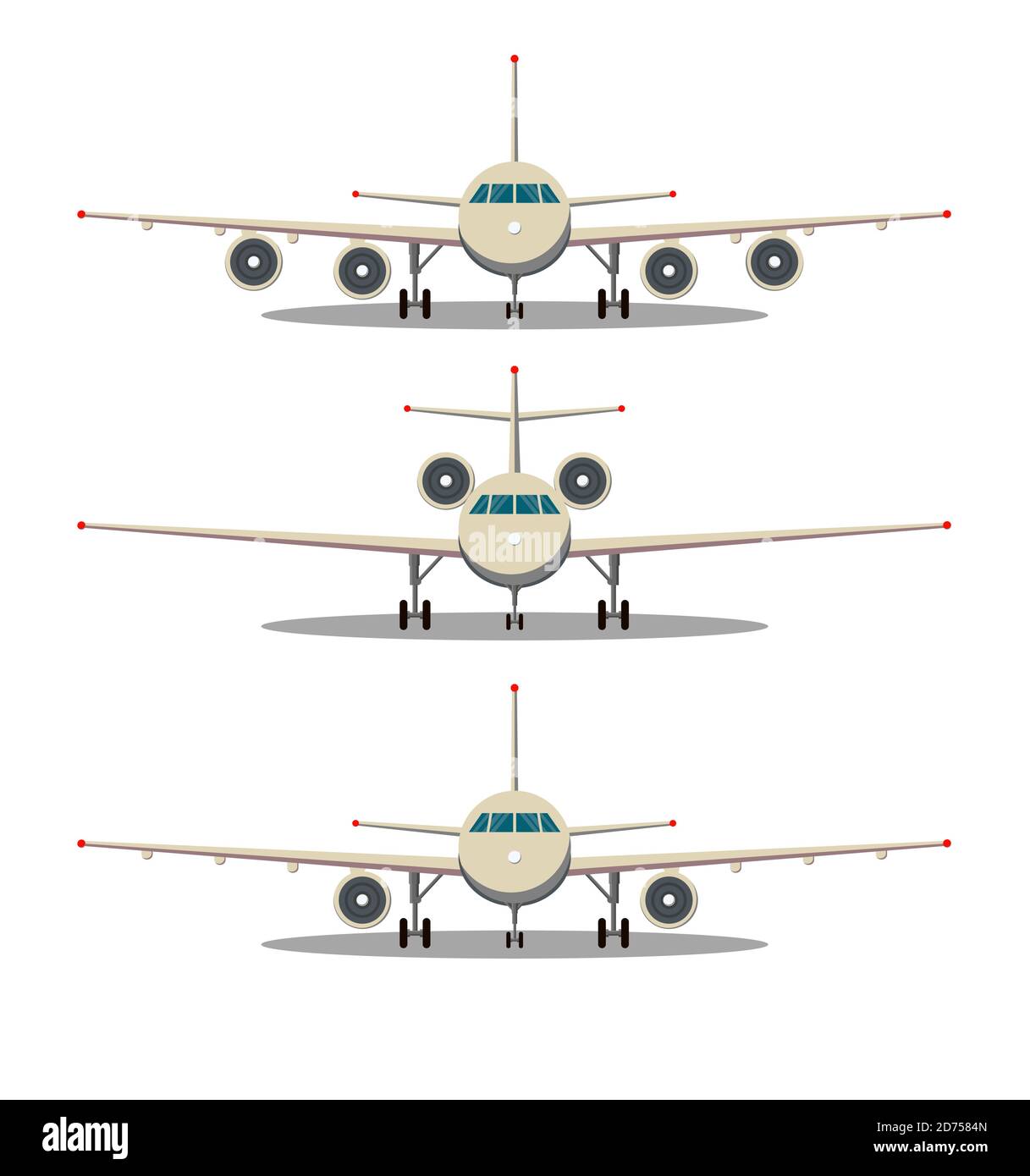 Airplane front view. Passenger or commercial jet isolated on background. Aircrfat in flat style. Set. Stock Vector