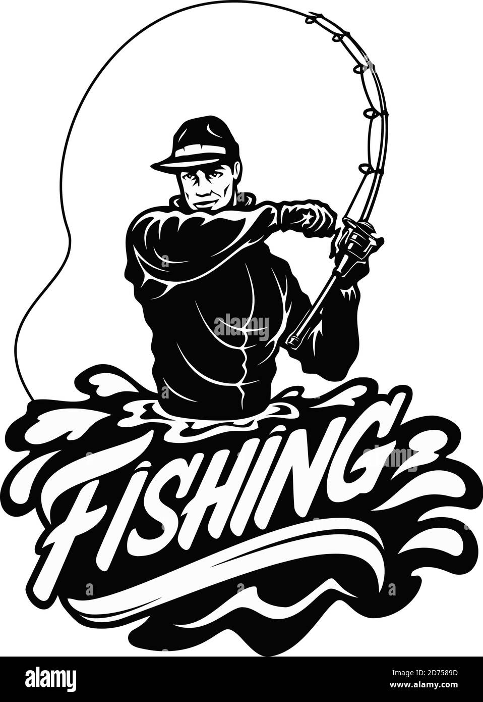 Fisherman in action. Guy is throwing spoon of fly rod in water and holding part of it in hand. Stock Vector