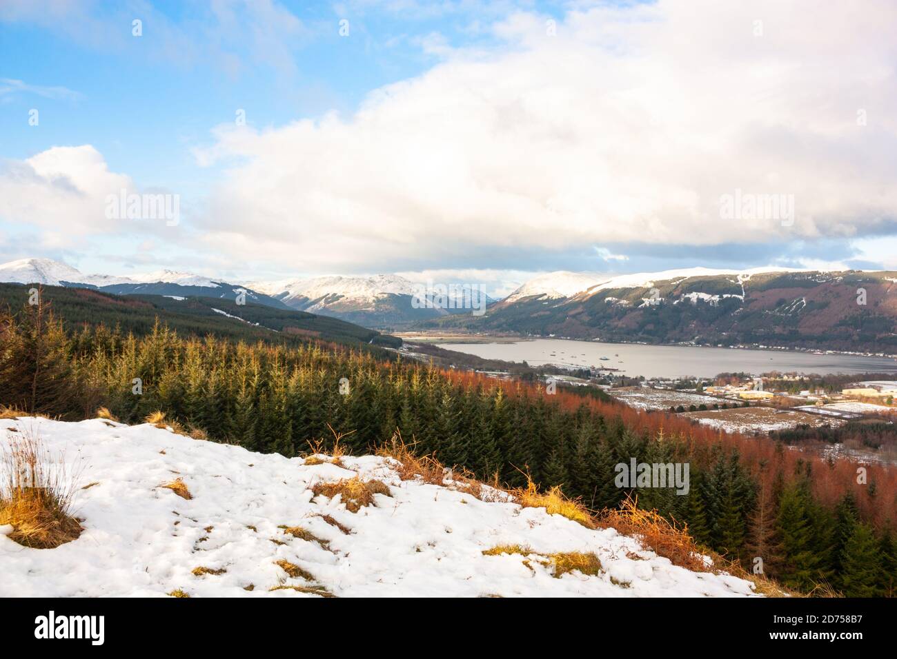 View from the hilltops behind Dunoon, Scotland, looking north west to the head of the Holy Loch over Sandbank across to Kilmun. January 2010. Stock Photo