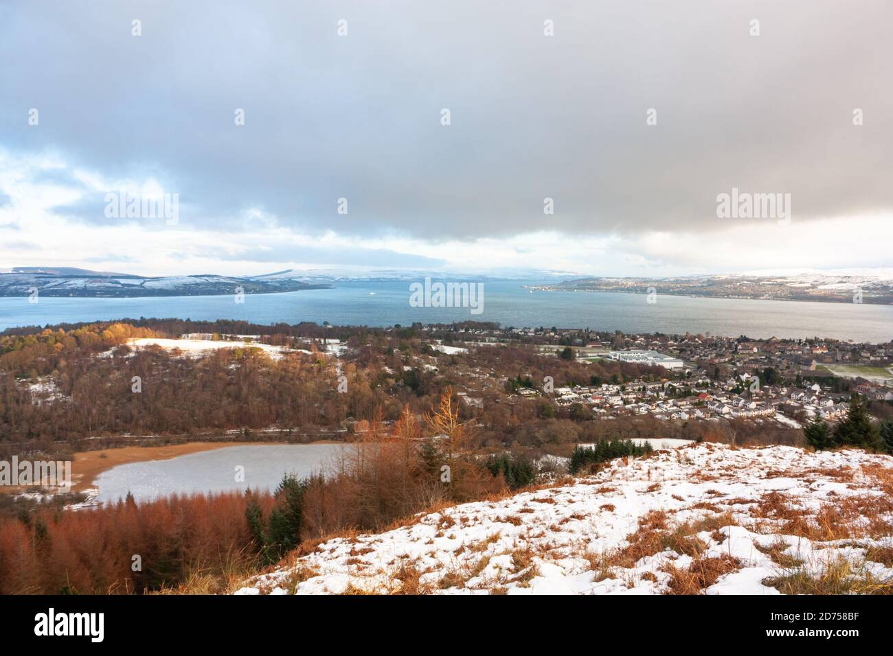 View from behind Dunoon looking northeast over Loch Loskin, Kirn, Ardenslate over the Holy Loch to Gourock, Kilcreggan and Helensburgh. January 2010 Stock Photo