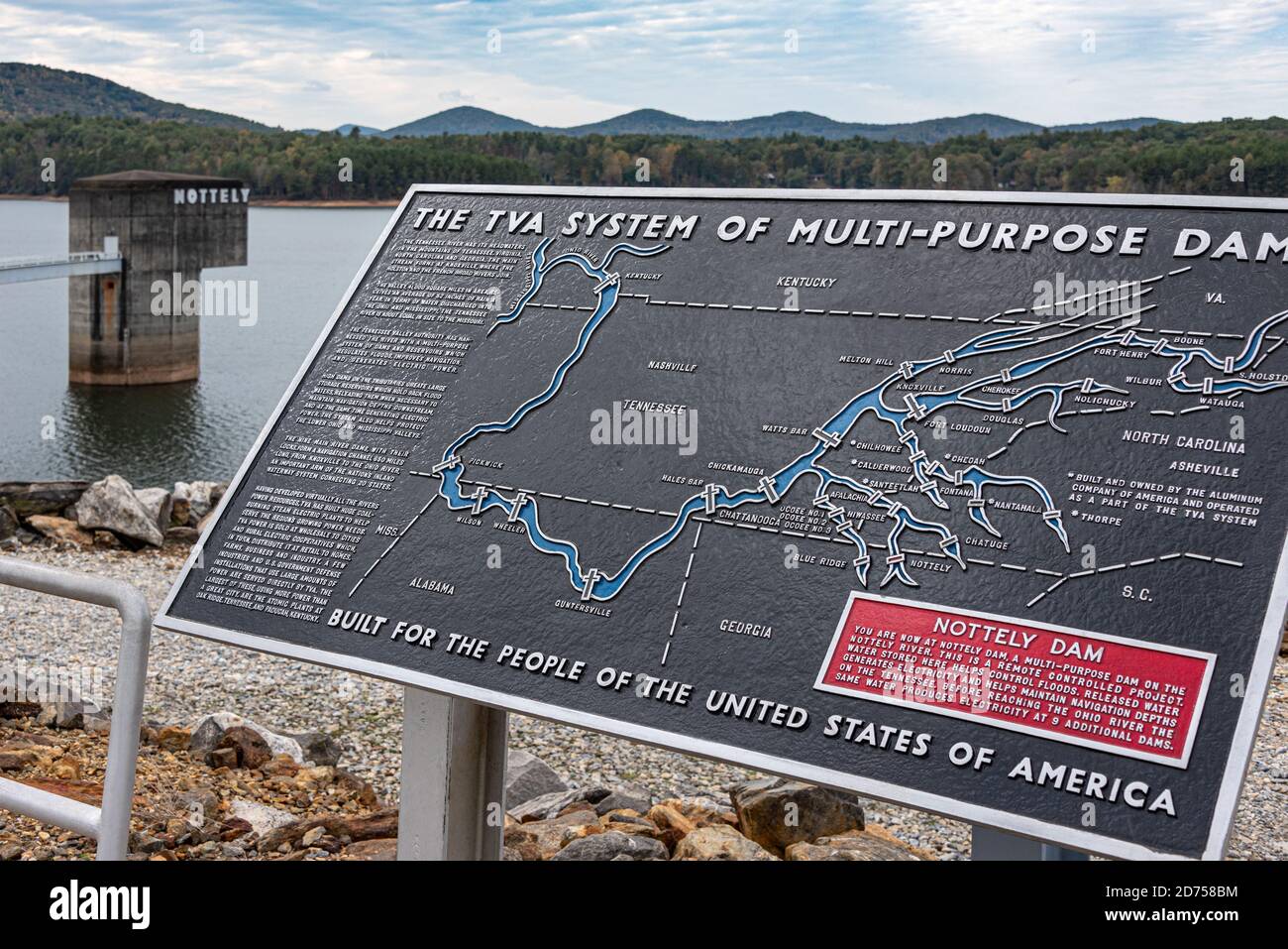 Informational sign at Nottely Dam in Blairsville, Georgia, about the TVA system of multi-purpose dams. (USA) Stock Photo