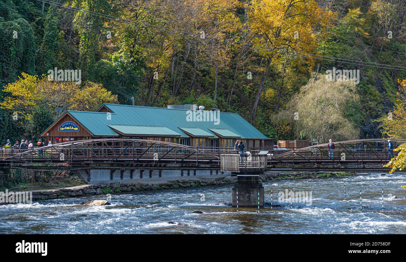 Nantahala Outdoor Center and River's End Restaurant on the Nantahala River in Nantahala Gorge near Bryson City, North Carolina. (USA) Stock Photo