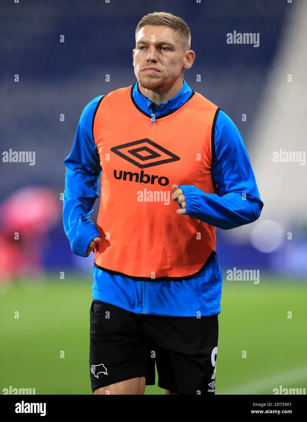 Derby County's Martyn Waghorn warming up on the touch line during the Sky Bet Championship match at The John Smith's Stadium, Huddersfield. Stock Photo