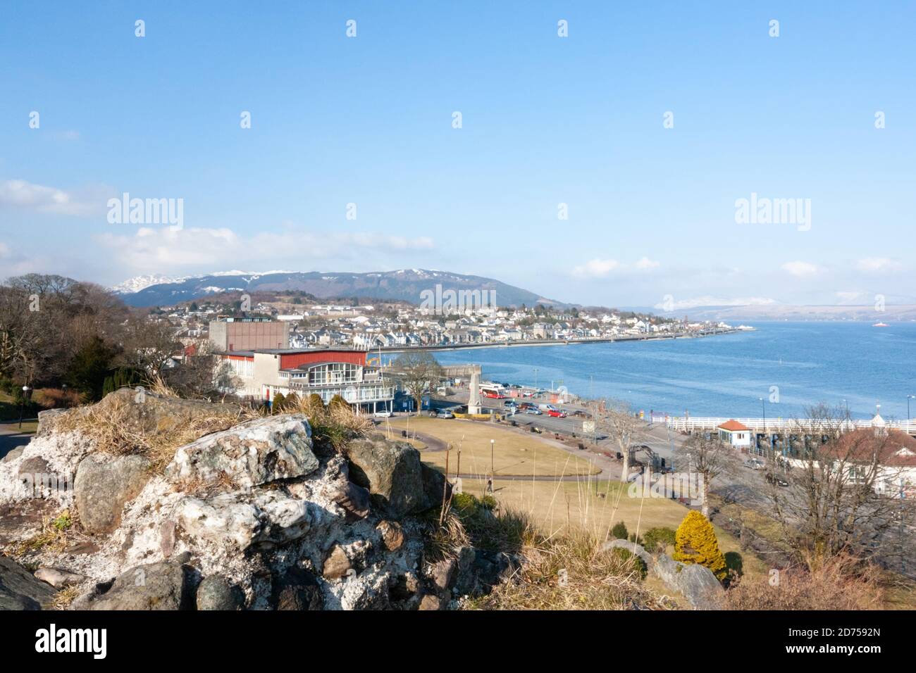 Overview of Dunoon, East Bay and Alexandra Parade on a sunny day, Scotland, UK, March 2010 Stock Photo