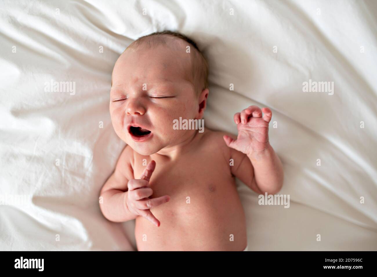 A cute Newborn baby crying in bed Stock Photo Alamy