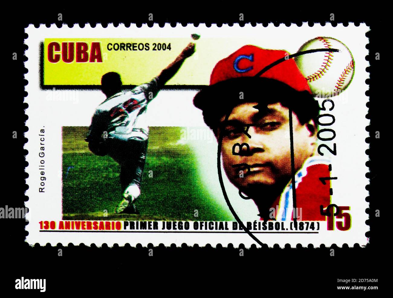MOSCOW, RUSSIA - NOVEMBER 25, 2017: A stamp printed in Cuba shows Rogelio Garcia, 130th Anniversary of the Official Baseball Championships serie, circ Stock Photo