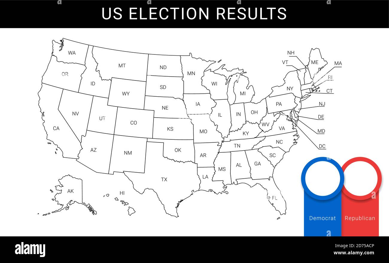 US election map. American Presidential Election results infographics template. All the states are separated and named in the layer panel. Stock Vector