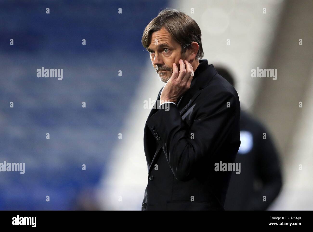 Derby County manager Phillip Cocu appears frustrated during the Sky Bet Championship match at The John Smith's Stadium, Huddersfield. Stock Photo