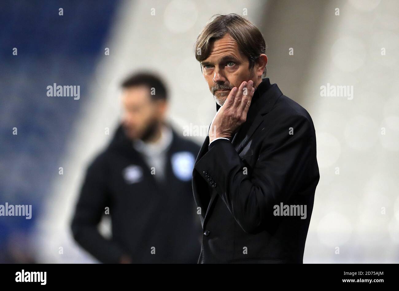 Derby County manager Phillip Cocu appears frustrated during the Sky Bet Championship match at The John Smith's Stadium, Huddersfield. Stock Photo