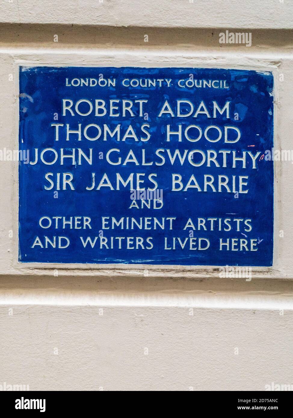 London County Council Blue Plaque for Robert Adam, Thomas Hood, John Galsworthy & Sir James Barrie, lived at 1-3 Robert Street, Charing Cross, London. Stock Photo