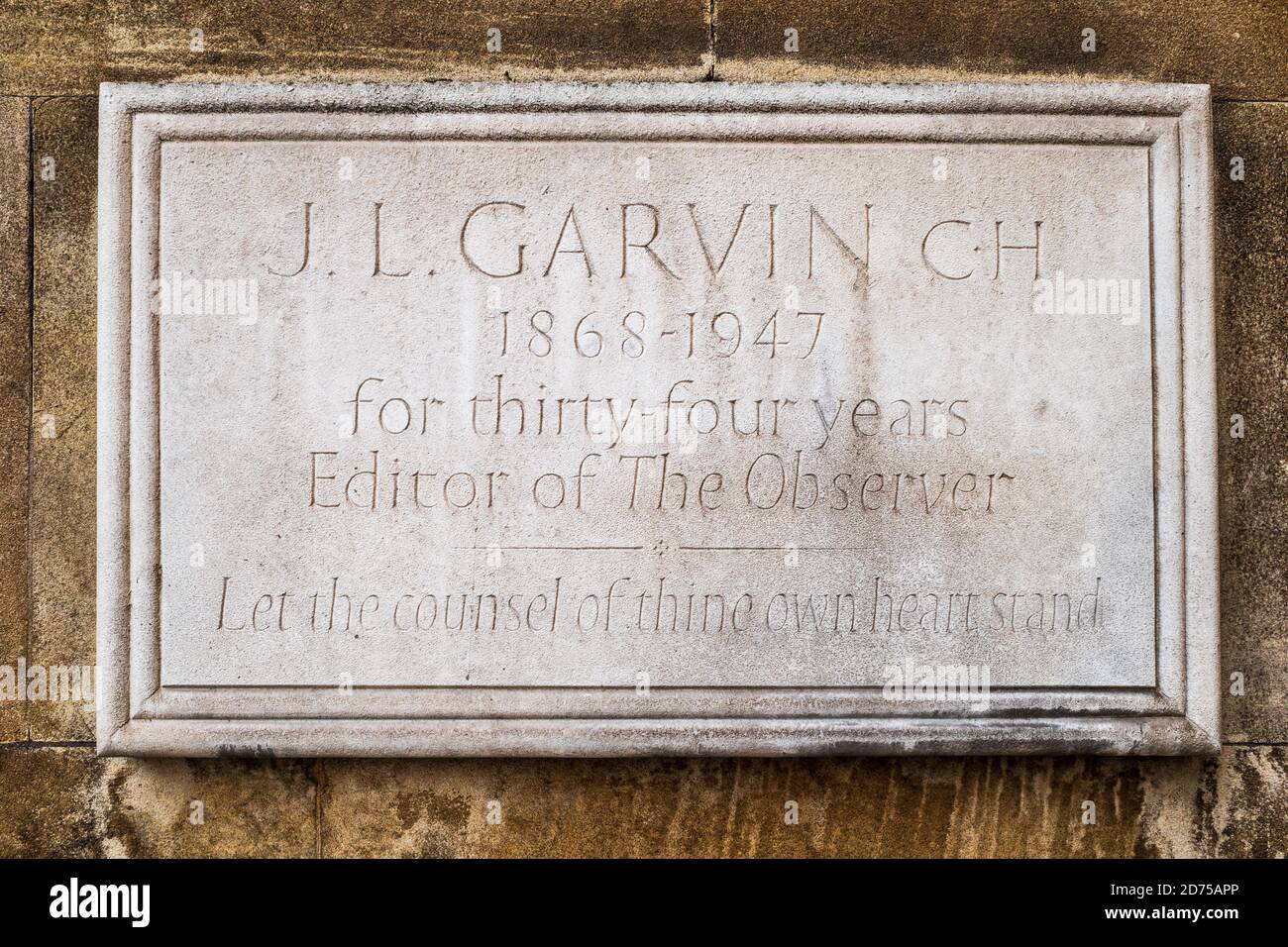 J. L. Garvin memorial plaque, St Dunstan in the West church Fleet Street - Memorial to J L Garvin 1868 - 1947, Editor of The Observer for 34 years. Stock Photo